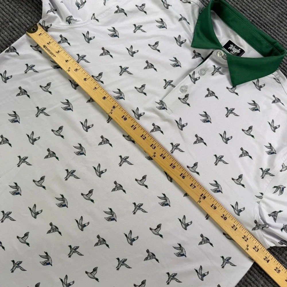 Waggle Golf Polo Shirt Men XL White Mallard Duck Print Green Collar Short Sleeve - Picture 9 of 12